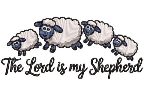 Four cartoon sheep above cursive Lord is my Shepherd script embroidery in slate blue and black