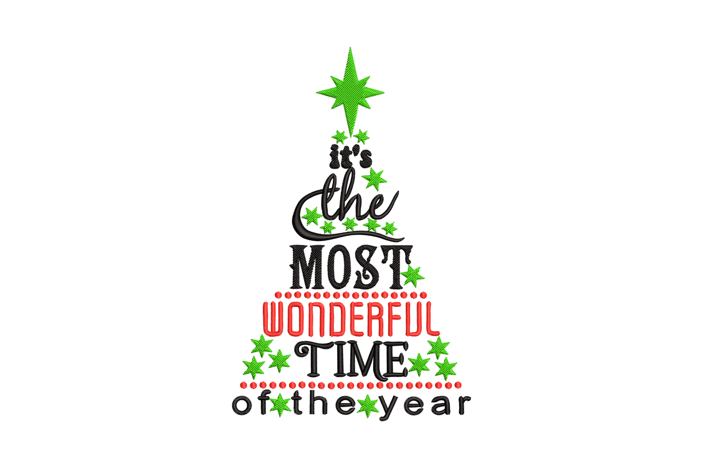 Most Wonderful Time of the Year embroidery design, rich evergreen cursive script on cream throw pillow.