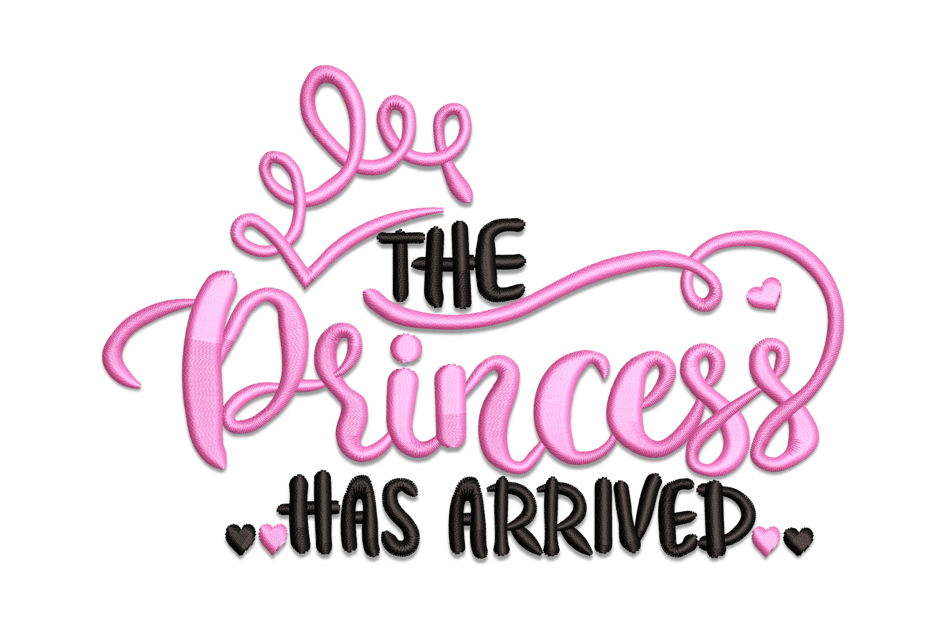 Machine embroidery design showing princess has arrived text with a small crown, baby girl nursery design in pink and cream, 5 sizes from 1.67 to 4.34 inches
