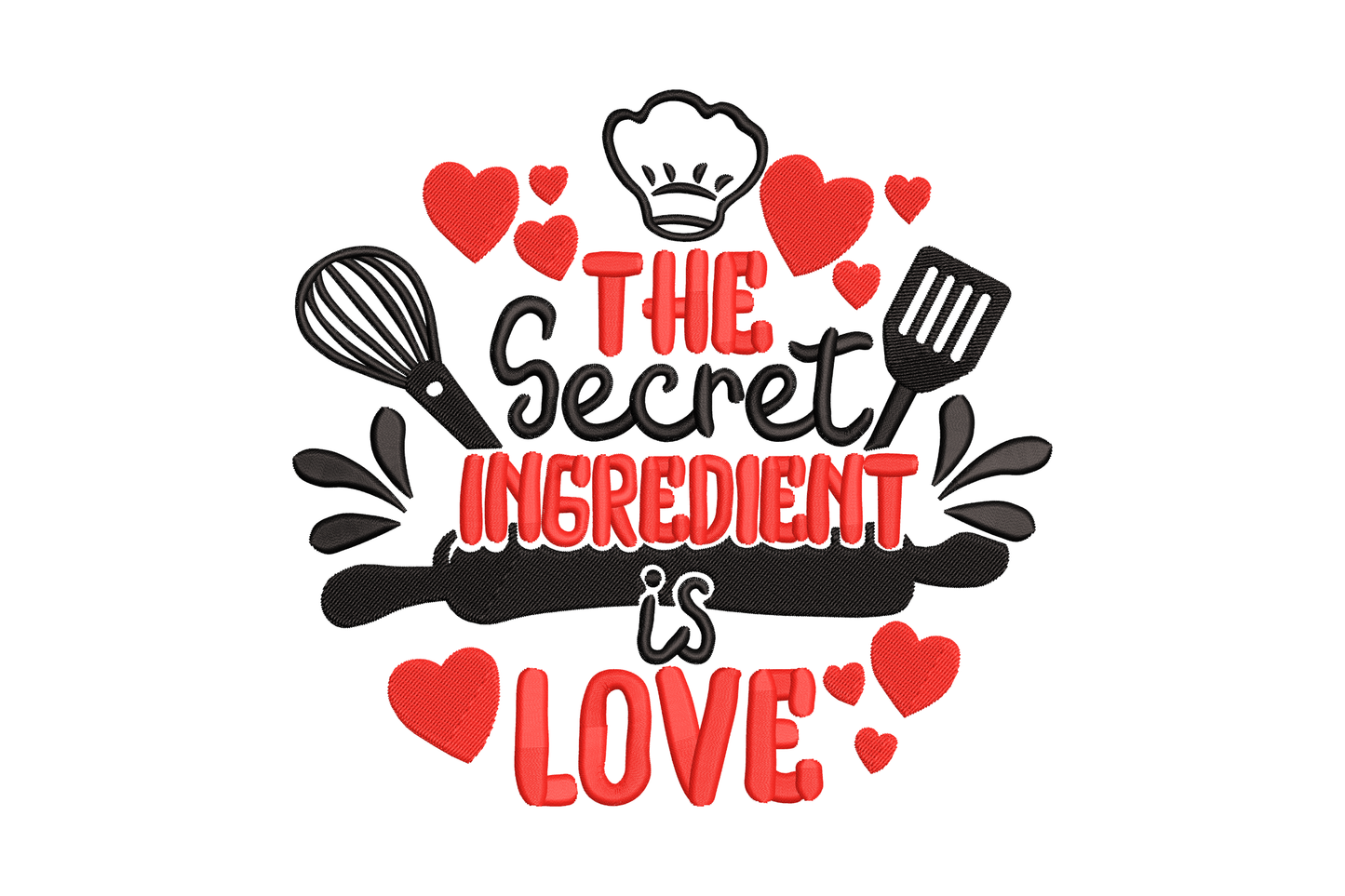 Machine embroidery design: kitchen quote with chef hat, whisk, spatula, rolling pin and hearts in black and red thread