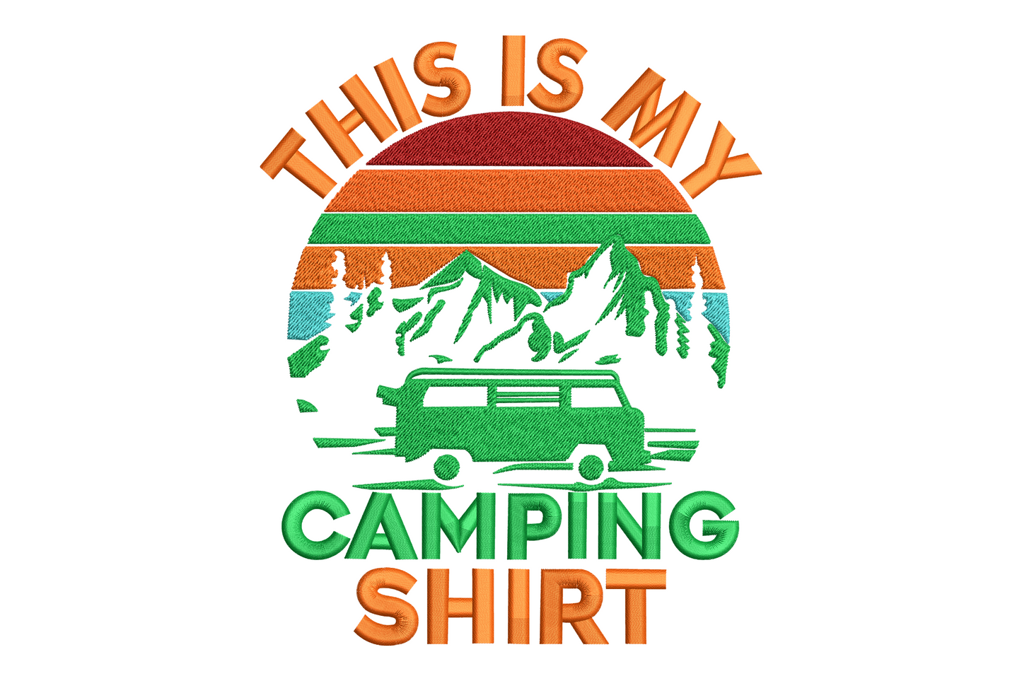 This Is My Camping Shirt embroidery design with mixed block and italic lettering in green, brown and cream.