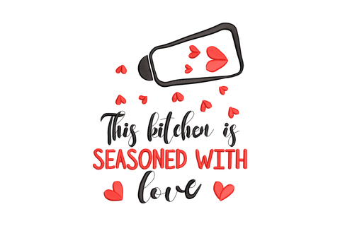 This Kitchen Is Seasoned With Love embroidery design, hand-lettered cursive script, 2-colour satin, 5 sizes, kitchen theme