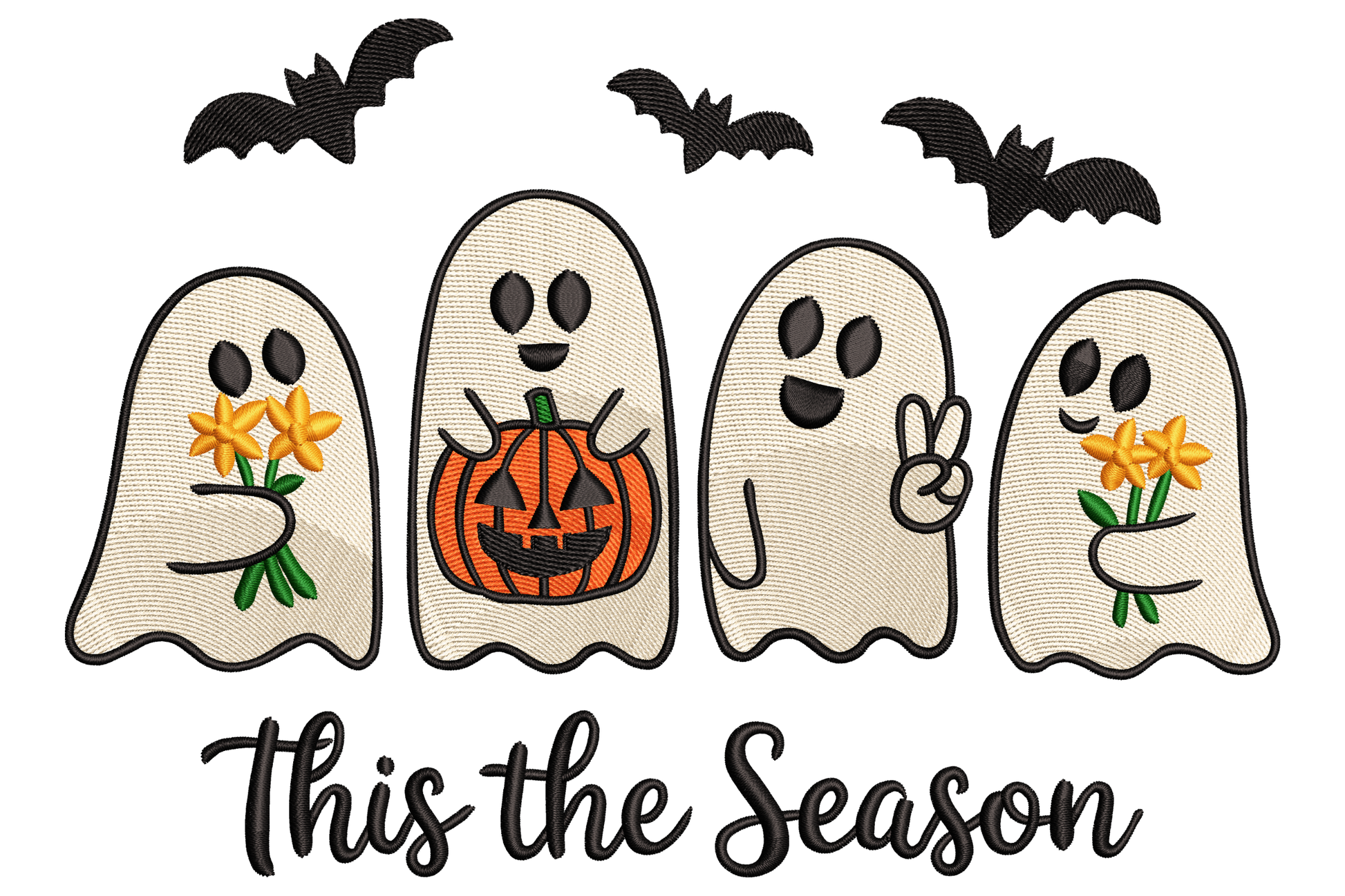 Cheerful halloween ghost embroidery design with puffy round body, wavy hem and seasonal phrase, 5 thread colours in white and festive accents, 3.5 inches wide.