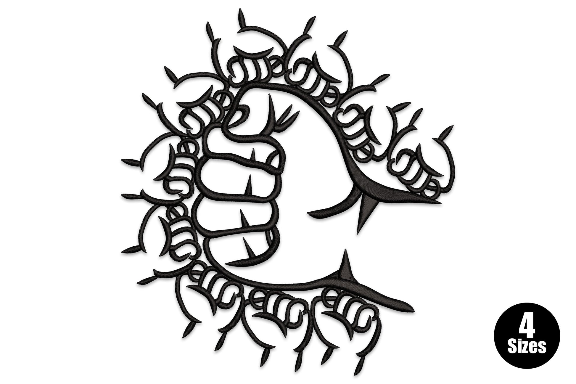 Thorn crown letter C embroidery design, bold monogram letter C wrapped in a thorny vine ring with sharp spikes, single color black satin fill