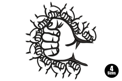 Thorn crown letter C embroidery design, bold monogram letter C wrapped in a thorny vine ring with sharp spikes, single color black satin fill