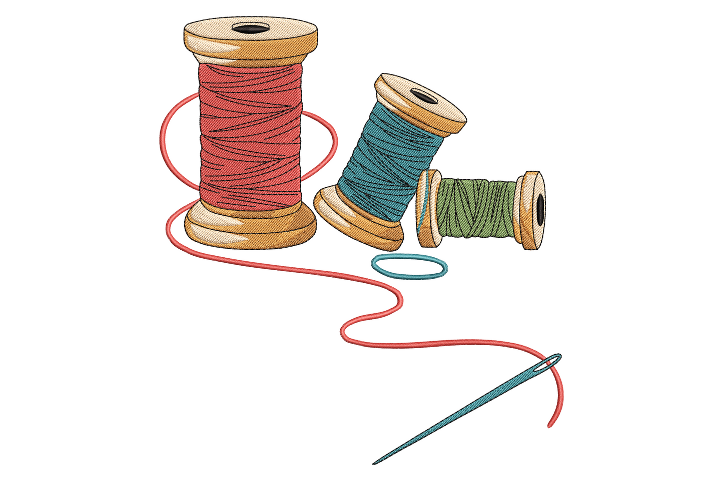 Thread spools and needle embroidery design showing three wooden bobbins with red, teal and olive thread grouped together, a loose teal thread loop, and a steel sewing needle lying in front.