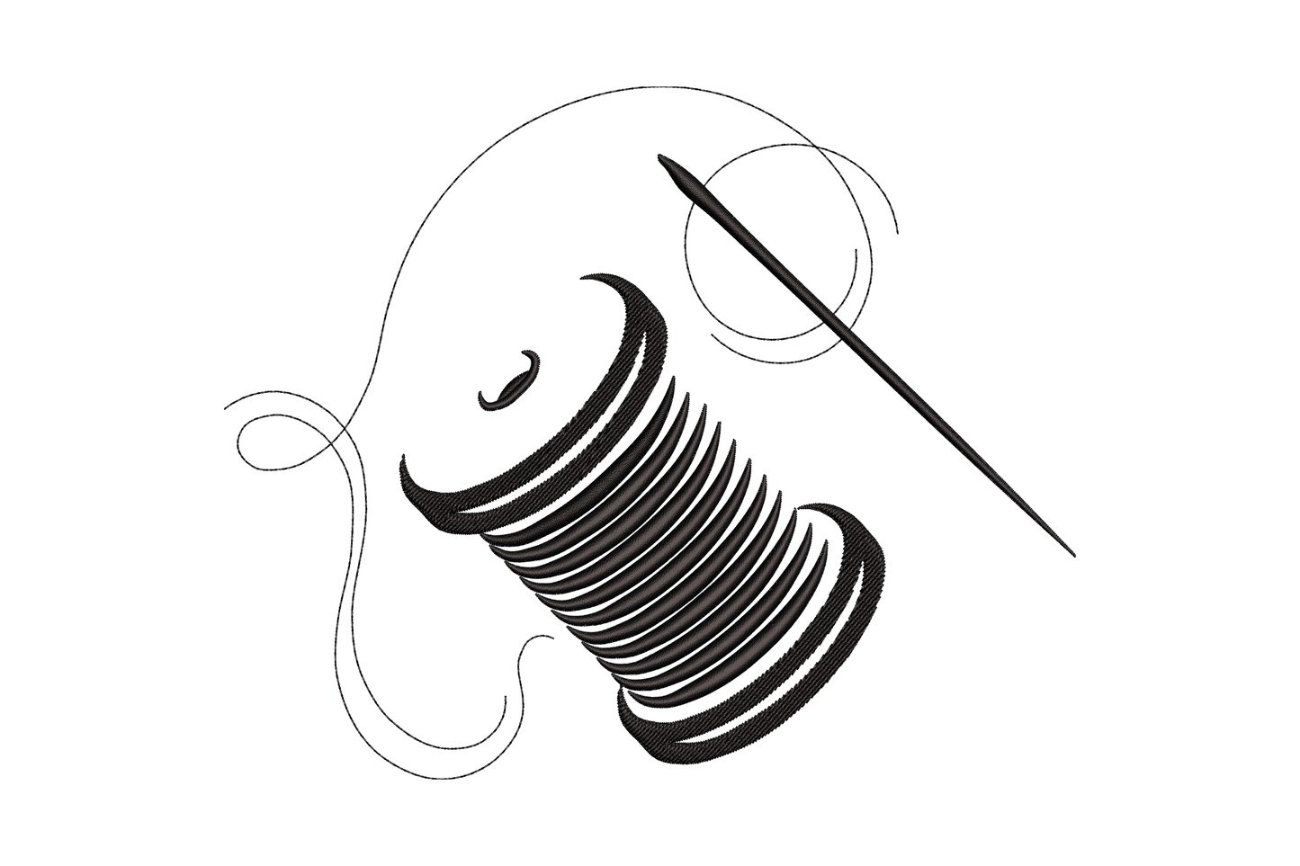 Machine embroidery design of a minimal thread spool and needle with thread arc, stitched in single black thread on cream fabric.