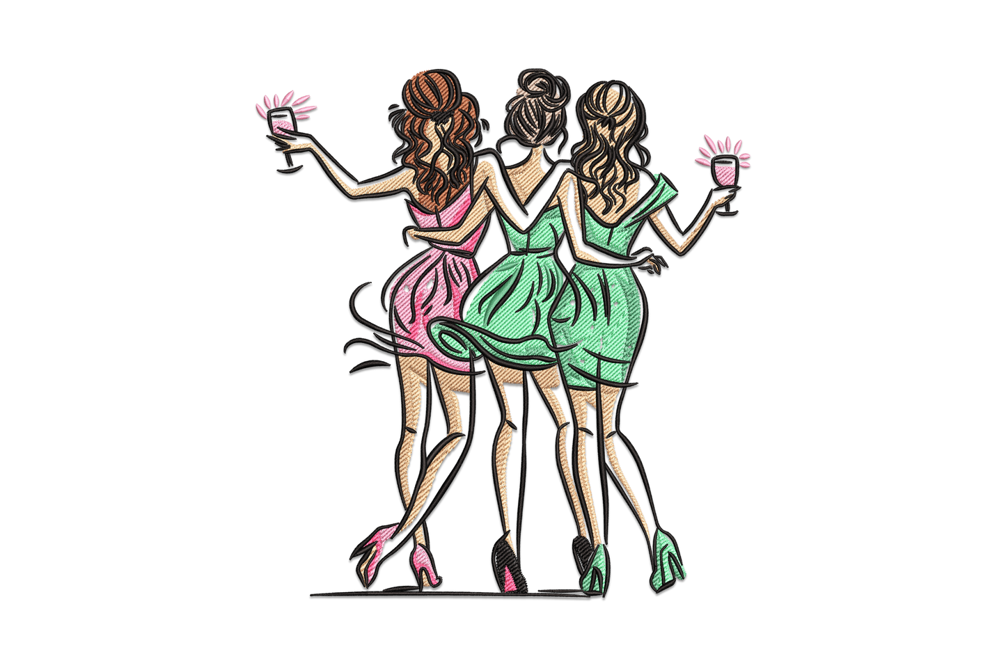 Three best friends party girls embroidery design, three stylised women in colourful party outfits standing together, celebration cartoon style