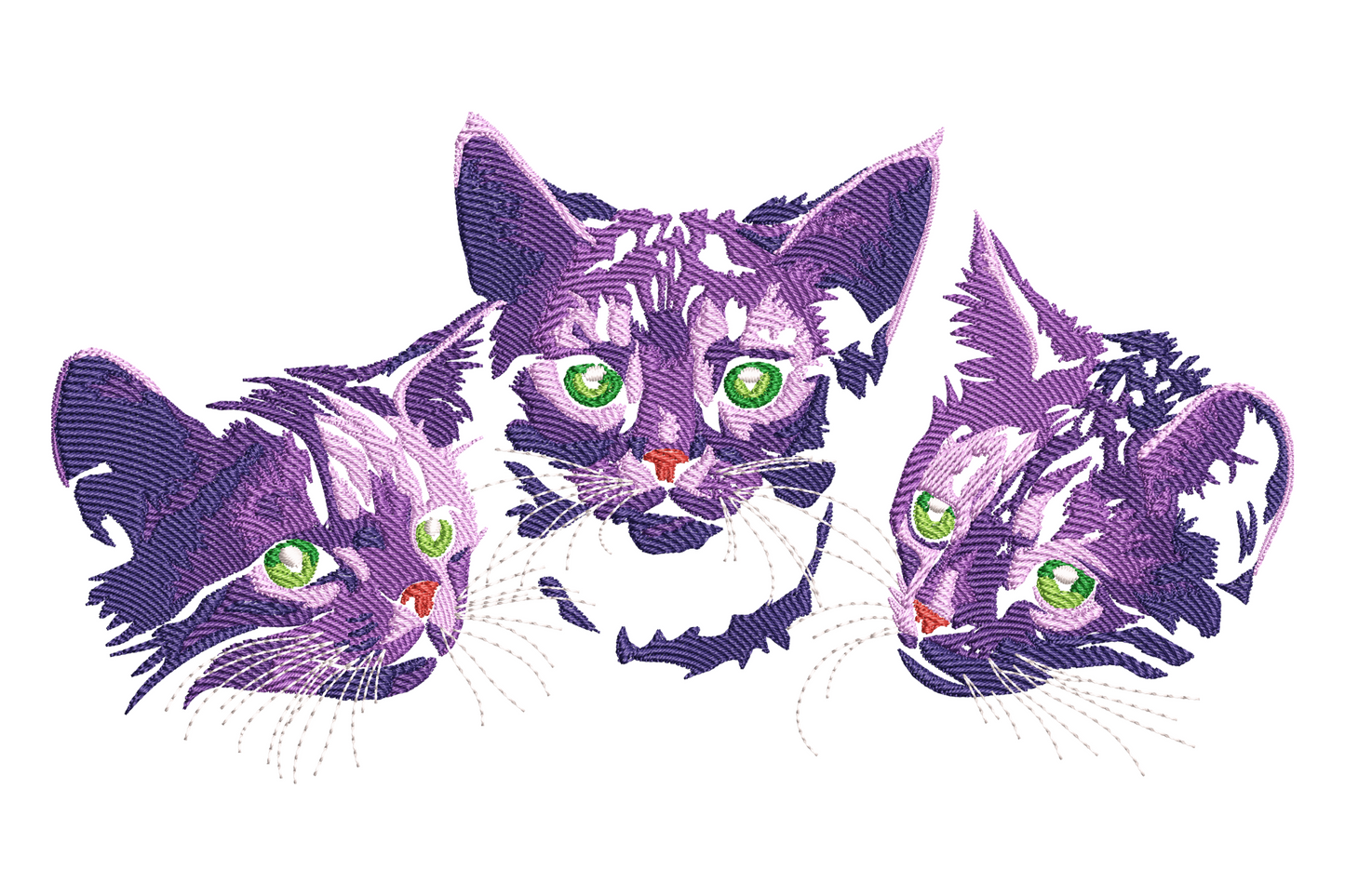 Three cat faces embroidery design, purple satin fill, vivid green eyes, white whisker threads and navy outline.