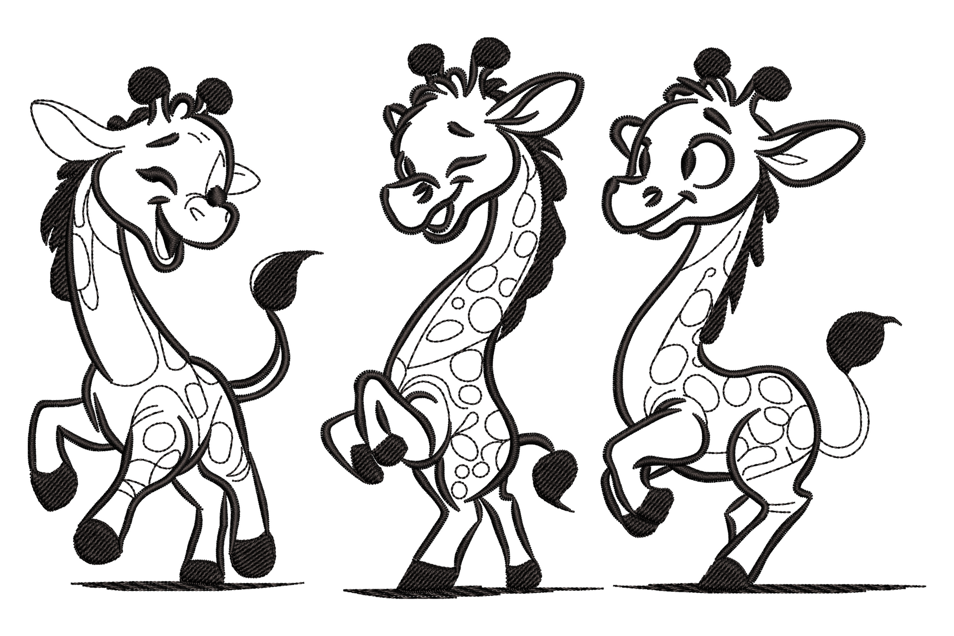 Three baby giraffes embroidery design in a single black sketch outline, standing side by side with no fill, soft nursery style.