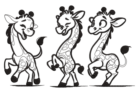 Three baby giraffes embroidery design in a single black sketch outline, standing side by side with no fill, soft nursery style.