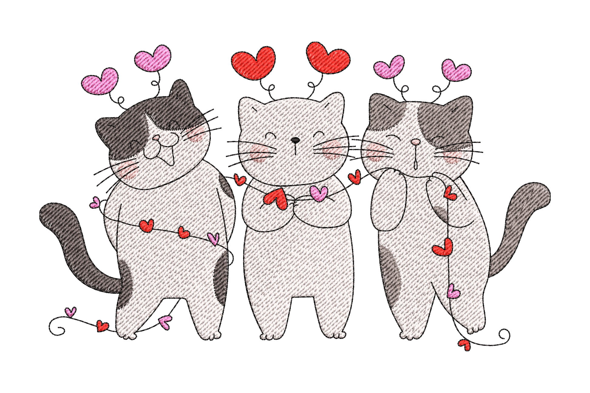 Three cats with hearts embroidery design showing cream, tabby, and grey kawaii cats with raspberry pink hearts on lavender tee fabric.