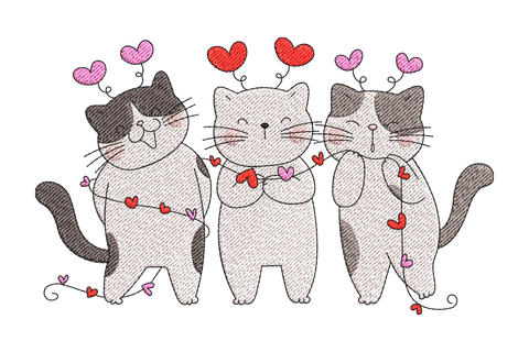 Three cats with hearts embroidery design showing cream, tabby, and grey kawaii cats with raspberry pink hearts on lavender tee fabric.