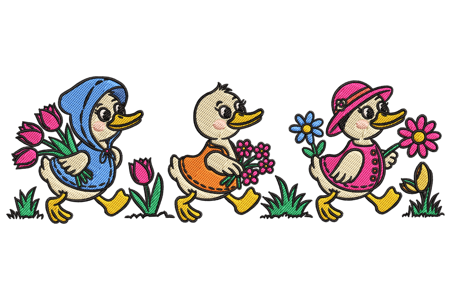 Three dressed cartoon ducks embroidery design in a row, blue bonnet duck with tulips, orange duck with posy, pink hat duck with daisy, grass at feet.