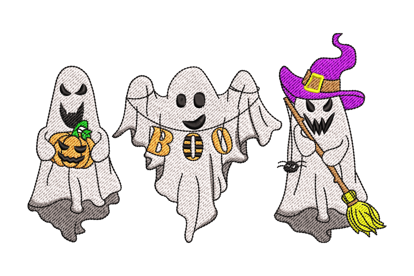 Three cute cartoon Halloween ghosts in a row with big eyes, rounded bodies and pastel accents in white, lavender and pink.