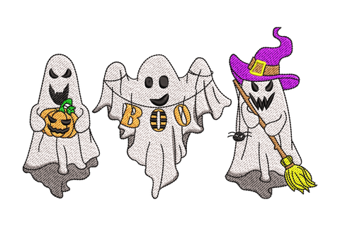 Three cute cartoon Halloween ghosts in a row with big eyes, rounded bodies and pastel accents in white, lavender and pink.