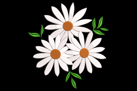 Three daisies embroidery, white petals, warm yellow centres, sage green stems, loose cluster, 3 colours, 10 sizes.