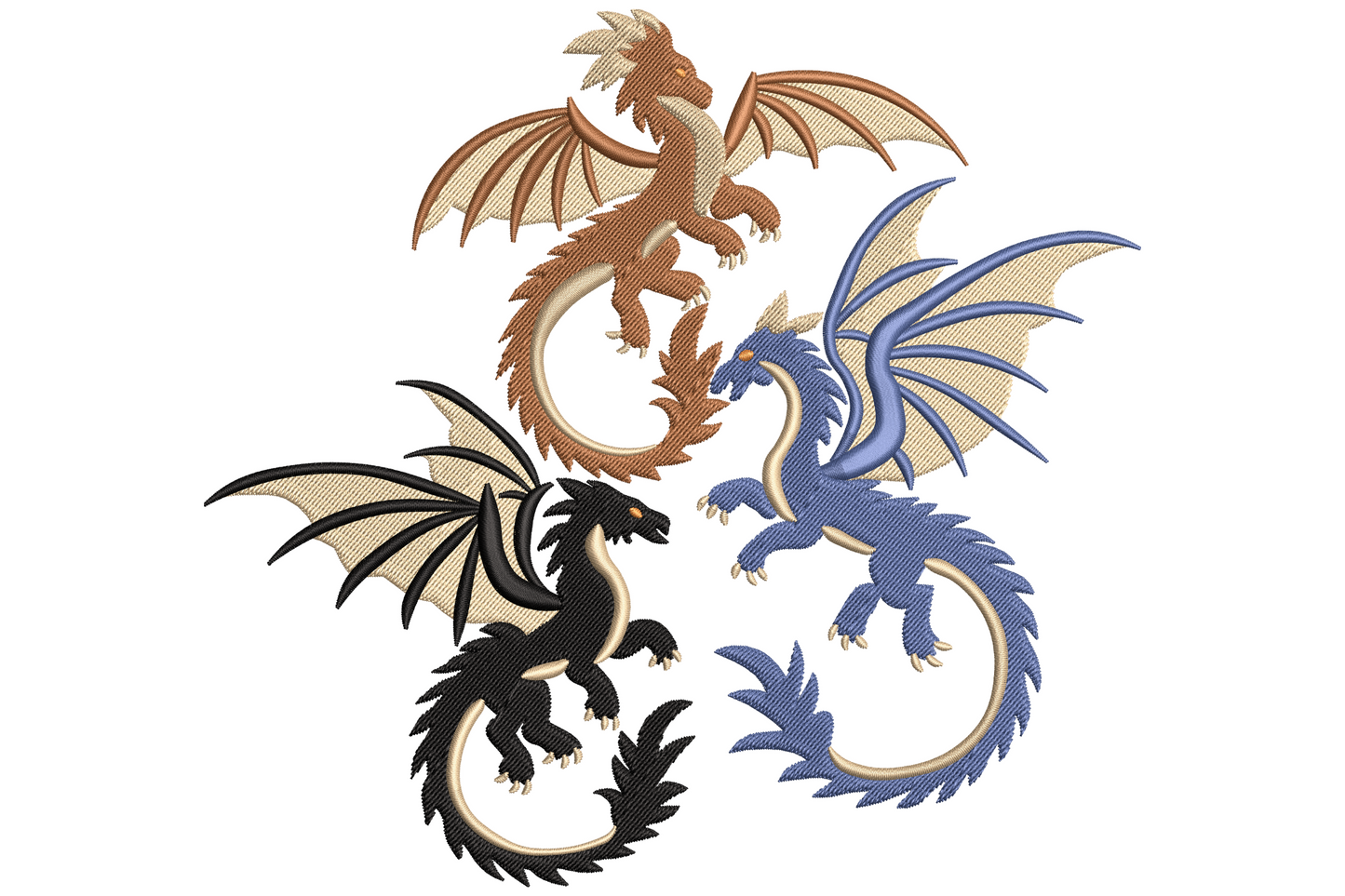 Three flying dragons embroidery design with charcoal grey scaled bodies, burgundy wing membranes, gold spine accents and orange flame detail.