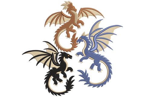 Three flying dragons embroidery design with charcoal grey scaled bodies, burgundy wing membranes, gold spine accents and orange flame detail.