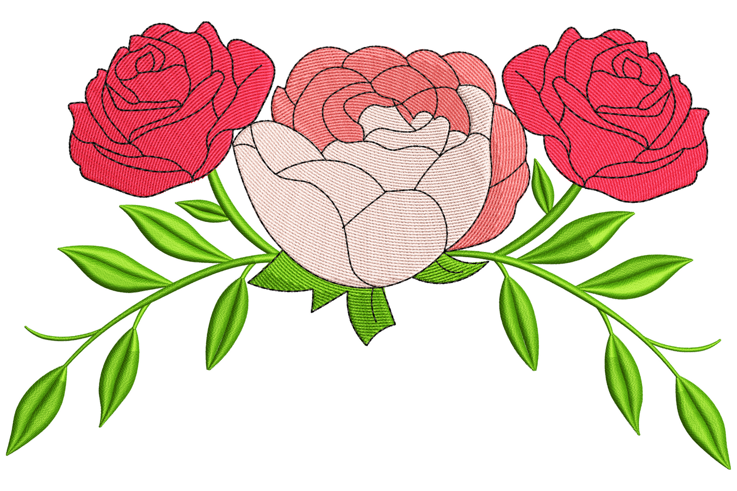 Three roses floral border embroidery, blush peony centrepiece with two red roses on curving green stems and leaves.