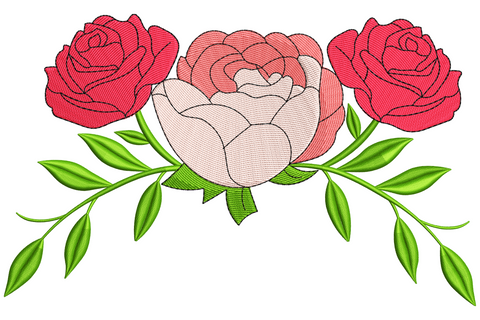 Three roses floral border embroidery, blush peony centrepiece with two red roses on curving green stems and leaves.