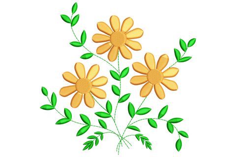 Three orange daisy blooms on dark green branching stems embroidery design, 2 colours, 7 sizes.