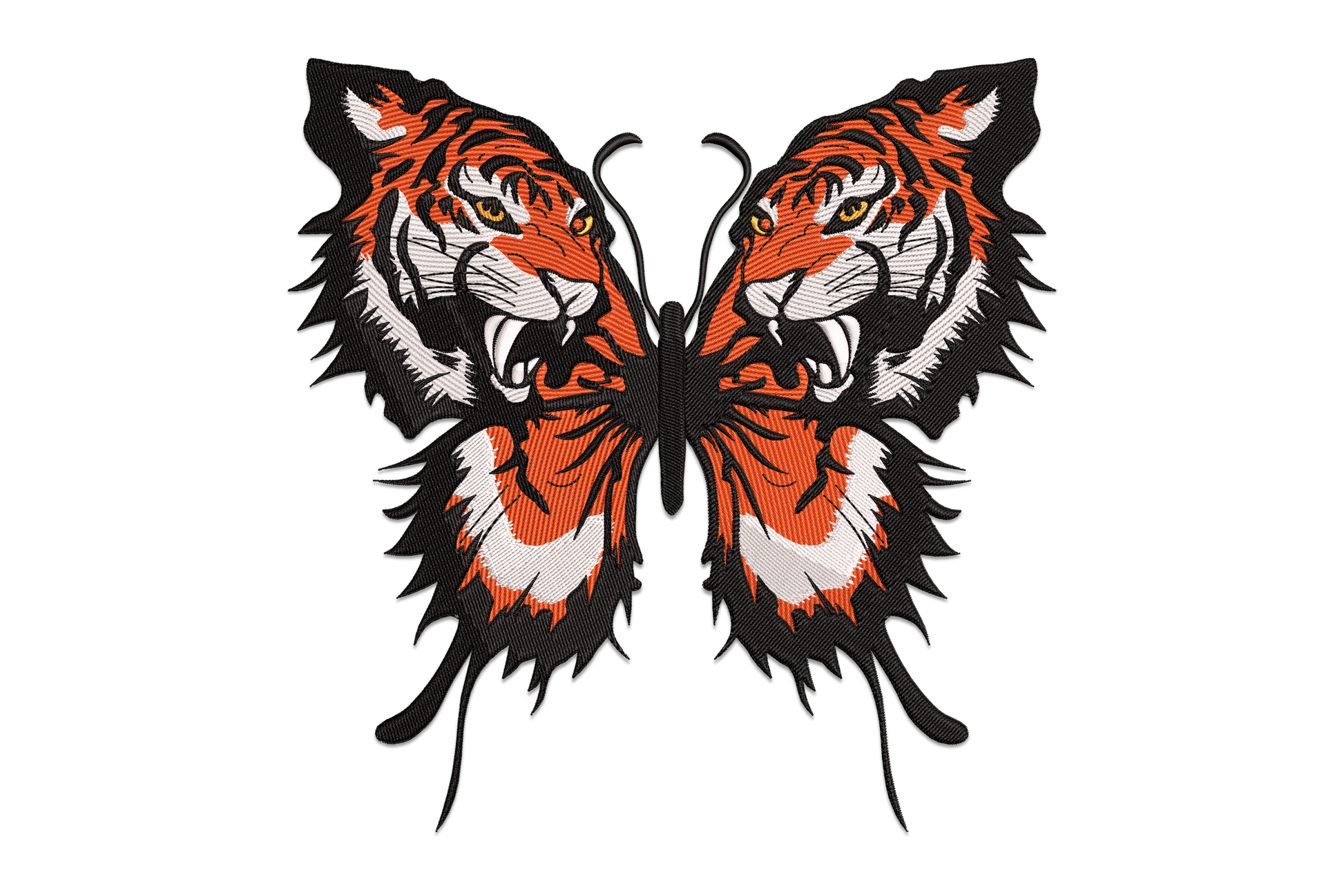 Tiger butterfly embroidery design with two mirrored snarling tiger faces forming the butterfly wings in orange, black and white with jagged dark wing edges.