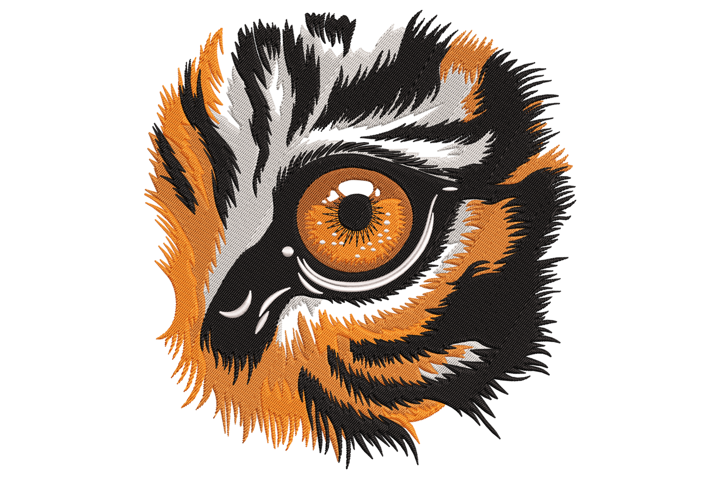 Close-up tiger eye machine embroidery design with amber iris, black pupil, directional orange fur and black stripe details, 9 sizes.