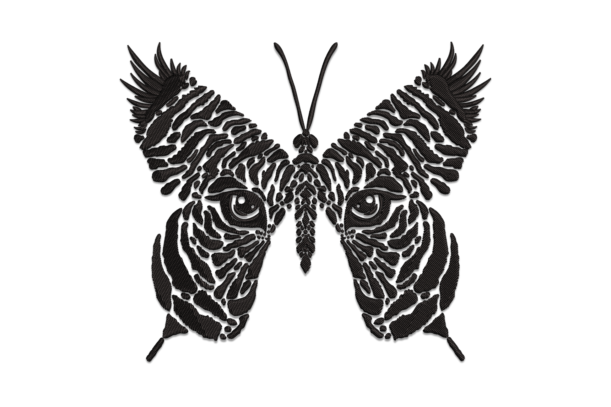 Tiger face merged into butterfly wings embroidery design, single colour wildlife art, 5 sizes 3 to 6.5 inches