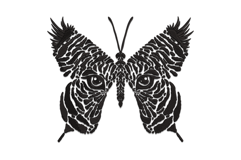 Tiger face merged into butterfly wings embroidery design, single colour wildlife art, 5 sizes 3 to 6.5 inches