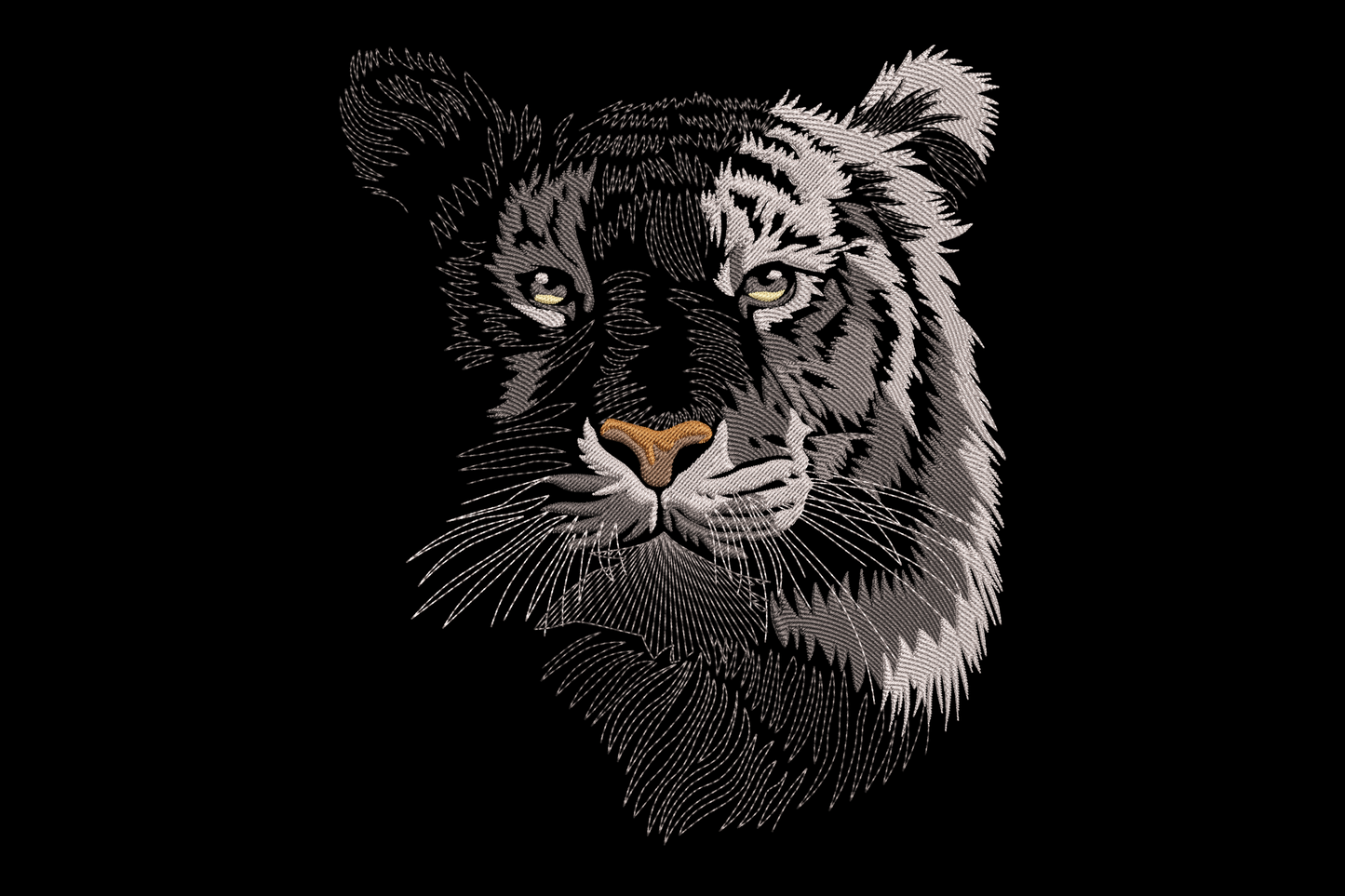 Machine embroidery design of a frontal tiger face with black stripes, orange fur, white muzzle, and gold eyes on white background.