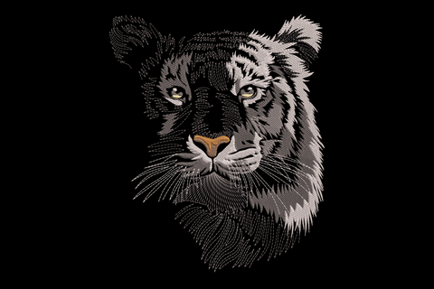 Machine embroidery design of a frontal tiger face with black stripes, orange fur, white muzzle, and gold eyes on white background.