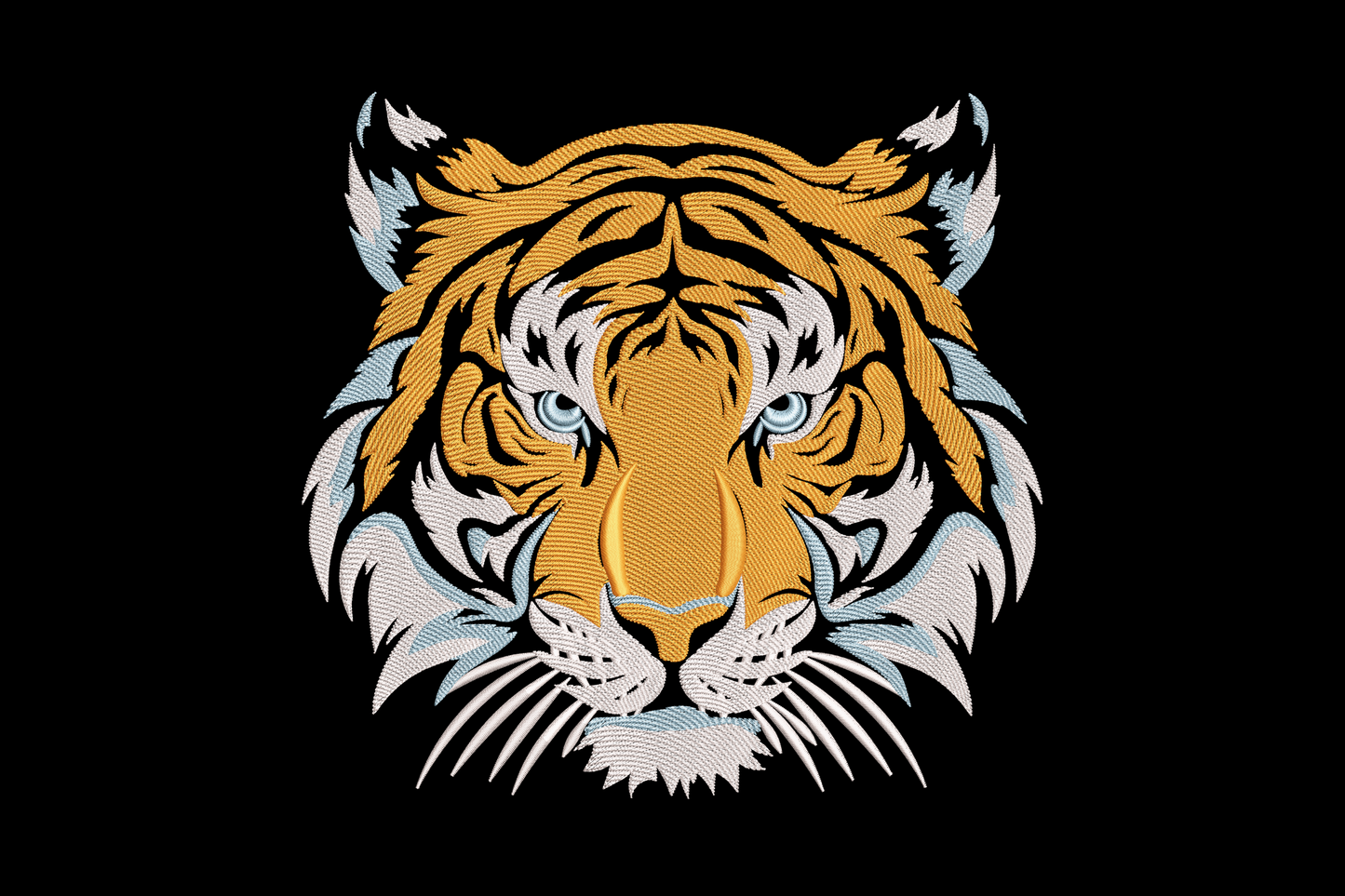 Tiger head embroidery design, front-facing, orange white and blue, symmetrical with feather frond accents, 9 sizes