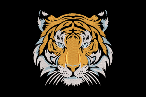 Tiger head embroidery design, front-facing, orange white and blue, symmetrical with feather frond accents, 9 sizes