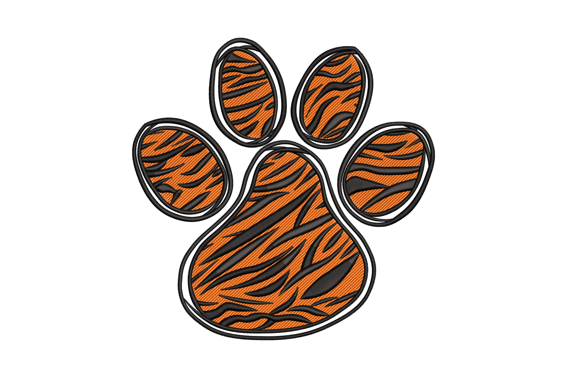 Tiger paw print machine embroidery design, orange paw filled with tiger stripes, 2-color bold wildlife sports motif