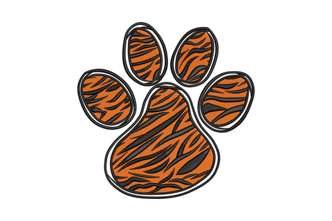 Tiger paw print machine embroidery design, orange paw filled with tiger stripes, 2-color bold wildlife sports motif