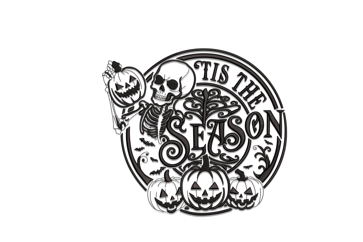 Halloween skeleton holding a jack-o-lantern on a stick inside a circular badge with TIS THE SEASON text, gothic tree, pumpkins and bats, all in black.
