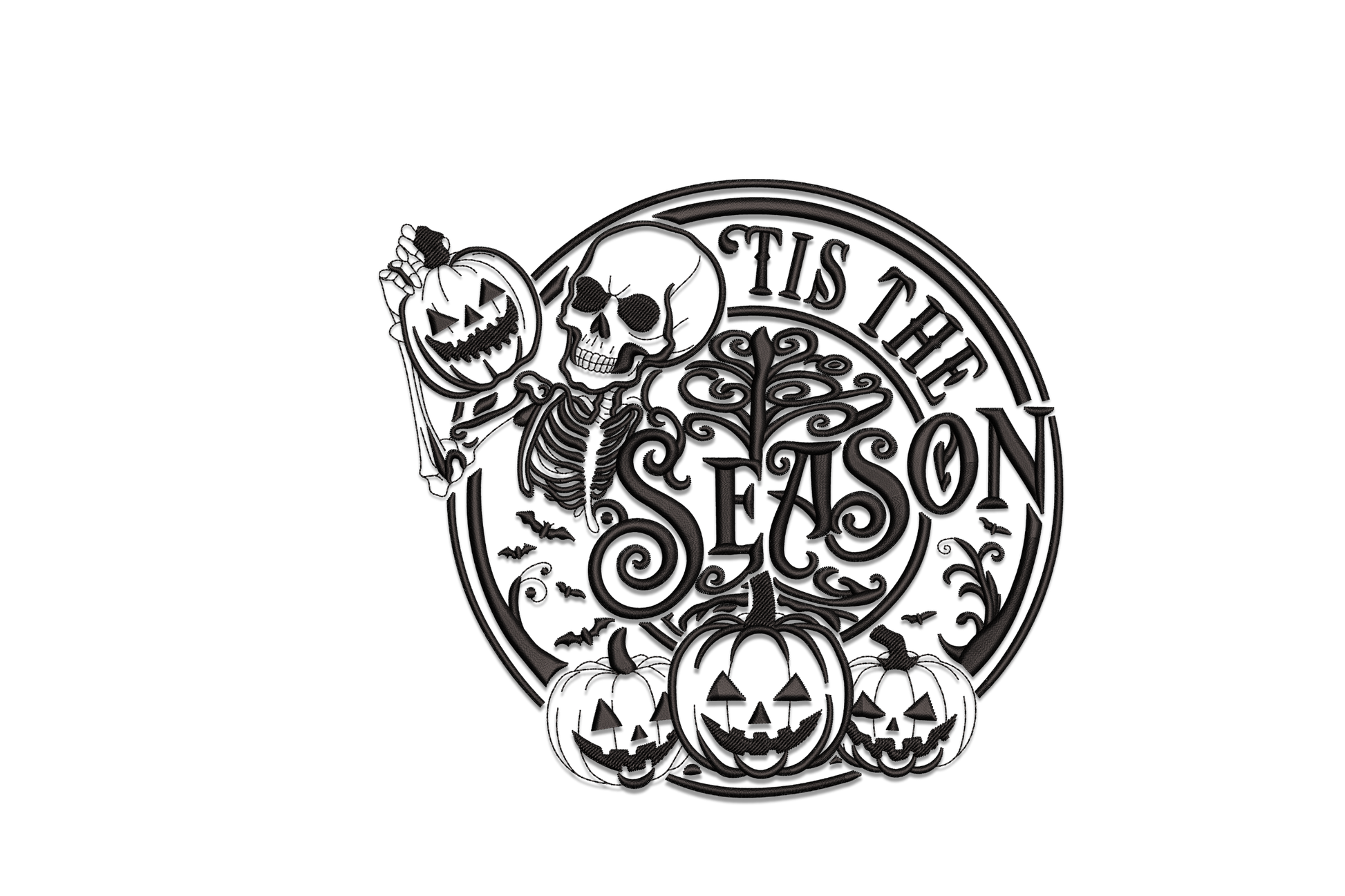 Halloween skeleton holding a jack-o-lantern on a stick inside a circular badge with TIS THE SEASON text, gothic tree, pumpkins and bats, all in black.