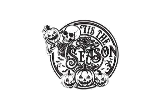 Halloween skeleton holding a jack-o-lantern on a stick inside a circular badge with TIS THE SEASON text, gothic tree, pumpkins and bats, all in black.