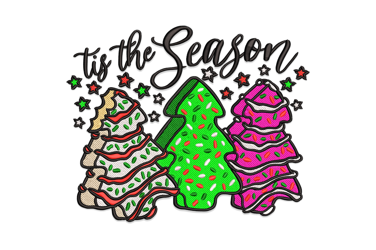 Tis the Season christmas tree trio embroidery design, three tiered green trees with crimson text arc beneath.
