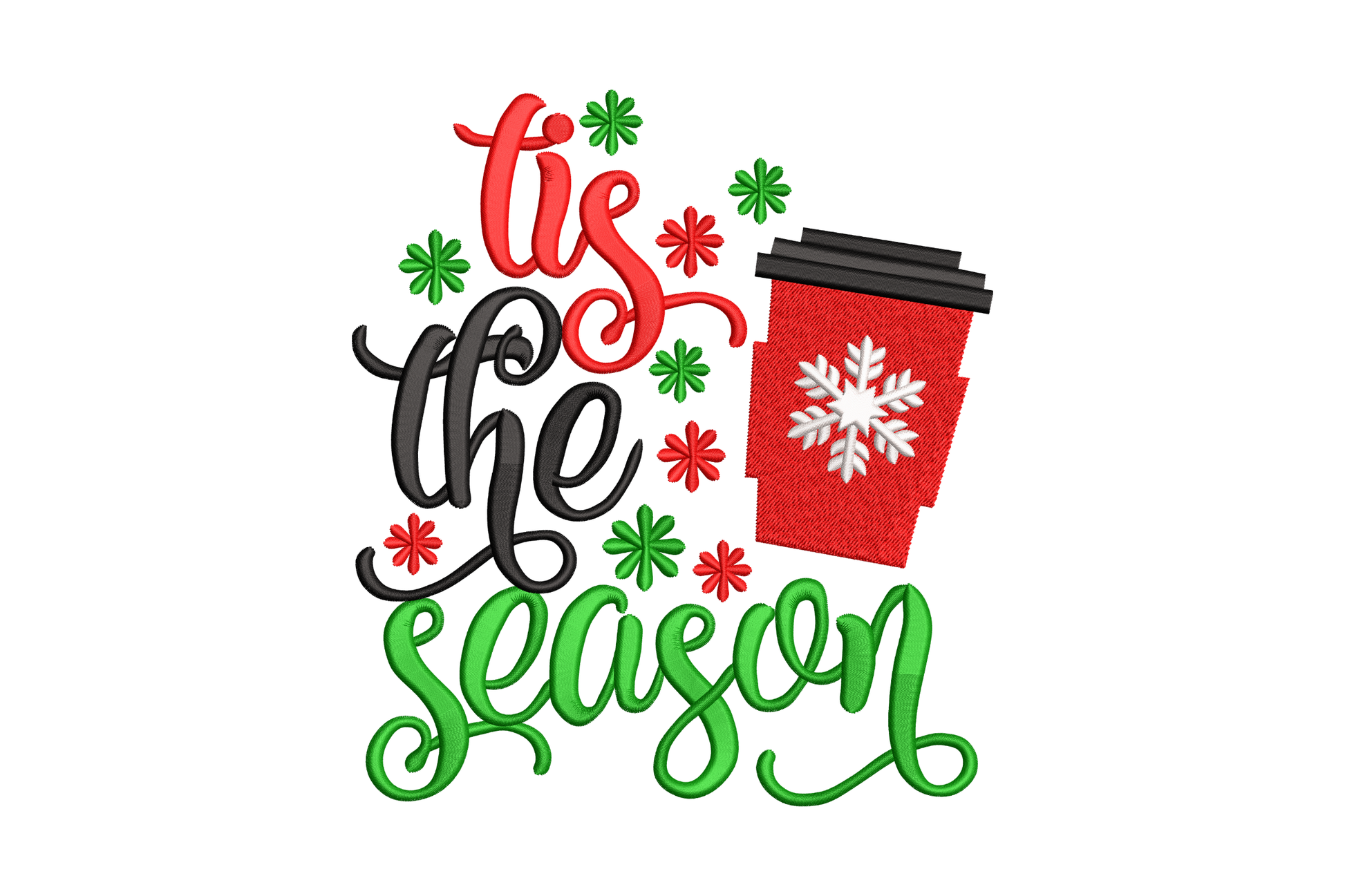 Tis the Season coffee cup embroidery with red takeaway cup, white snowflake, black script text and dark green swirly calligraphy lettering with snowflake accents