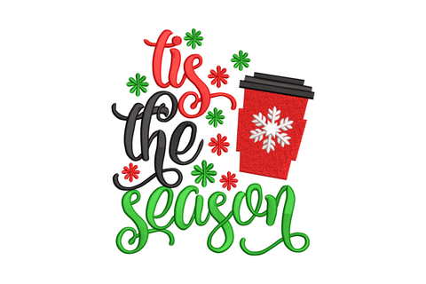 Tis the Season coffee cup embroidery with red takeaway cup, white snowflake, black script text and dark green swirly calligraphy lettering with snowflake accents