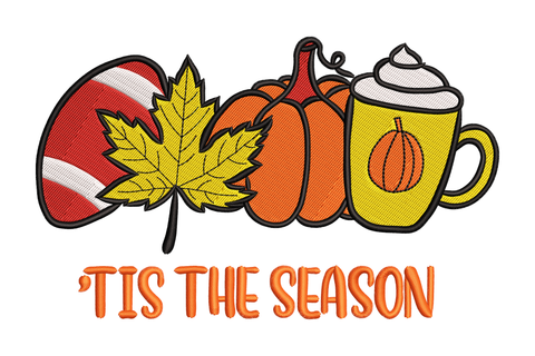 Fall embroidery design with candy corn hat, maple leaf, orange pumpkin and latte cup, seasonal text below in orange, 4 sizes.