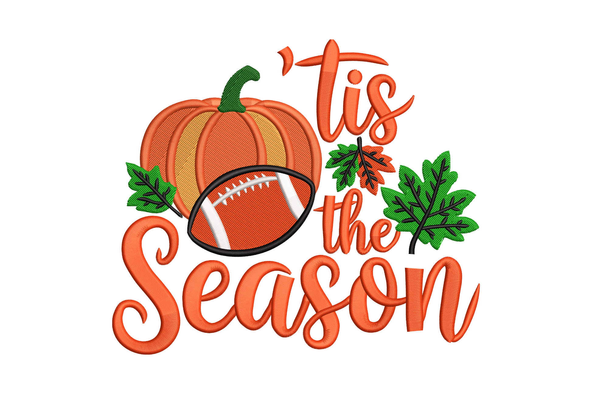Tis the Season pumpkin football embroidery design, orange script with pumpkin and autumn leaves, 7 colors fall game day