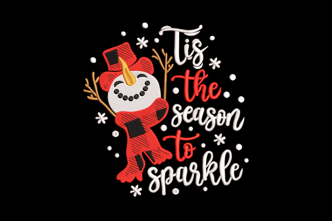 Tis the Season to Sparkle snowman embroidery design, cheerful snowman with scarf and hat, holiday typography in 5 colours for Christmas sweatshirts