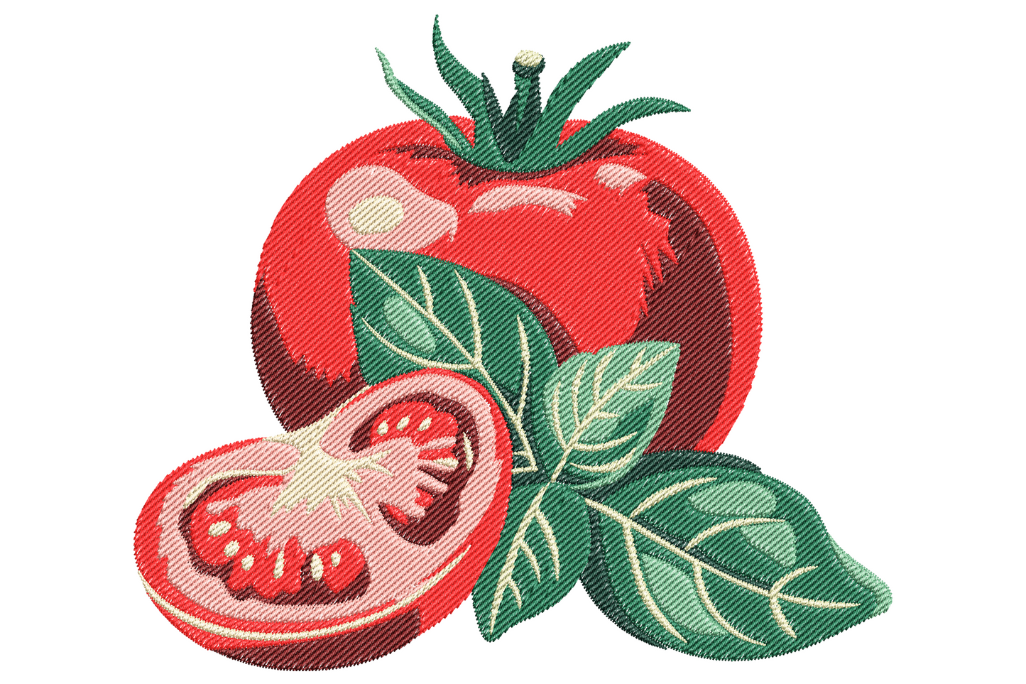 Tomato and slice embroidery design, whole red tomato with green calyx beside a cut cross-section showing seed chambers and soft inner flesh, 8 colors.