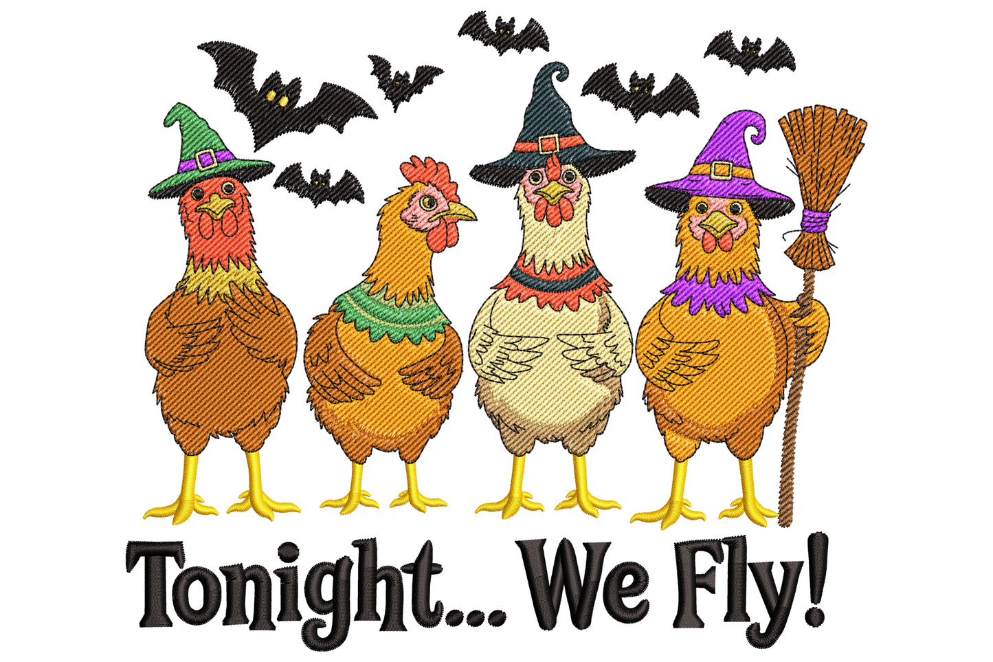 Embroidered chicken in witch hat riding broomstick with 14 colours on black Halloween fabric