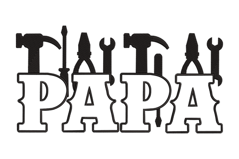 Tool dad papa embroidery design in bold black block letters with hammer pliers screwdriver and wrench built into the letterforms.
