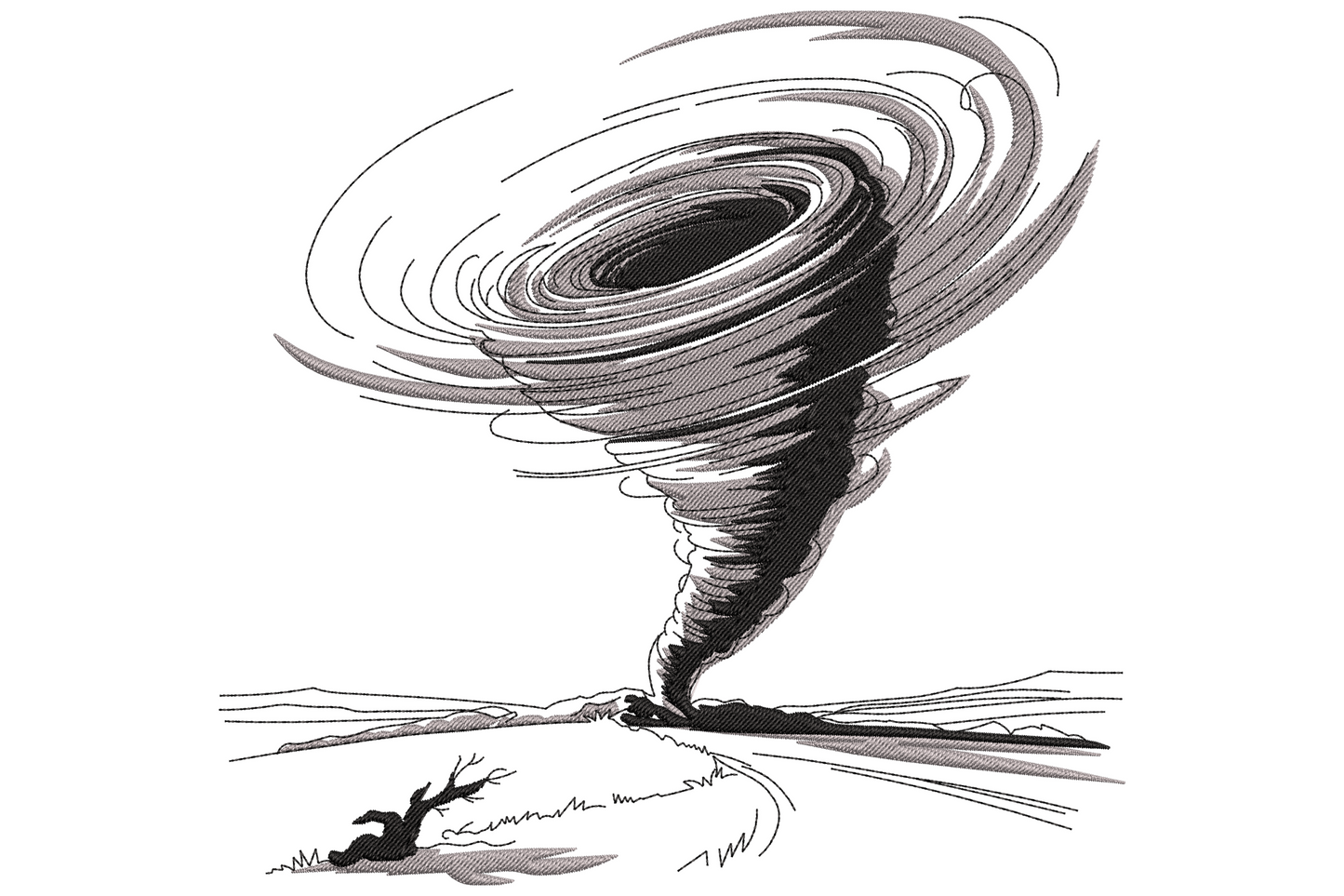 Tornado storm embroidery with a swirling charcoal funnel, dense cloud bank, flat horizon and a small bare tree tipped over.