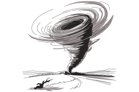Tornado storm embroidery with a swirling charcoal funnel, dense cloud bank, flat horizon and a small bare tree tipped over.